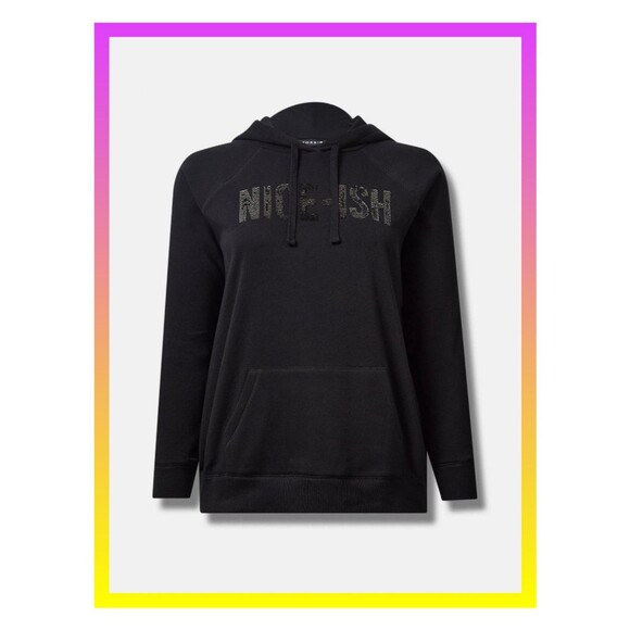 NWT Torrid 0 Deep Black Sequin Nice-Ish Classic Fit Cozy Fleece Pullover Hoodie - Picture 1 of 8